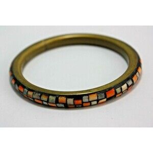 Bangle Bracelet Brass Coral or Sea Shell Inlay Estate Find Vintage